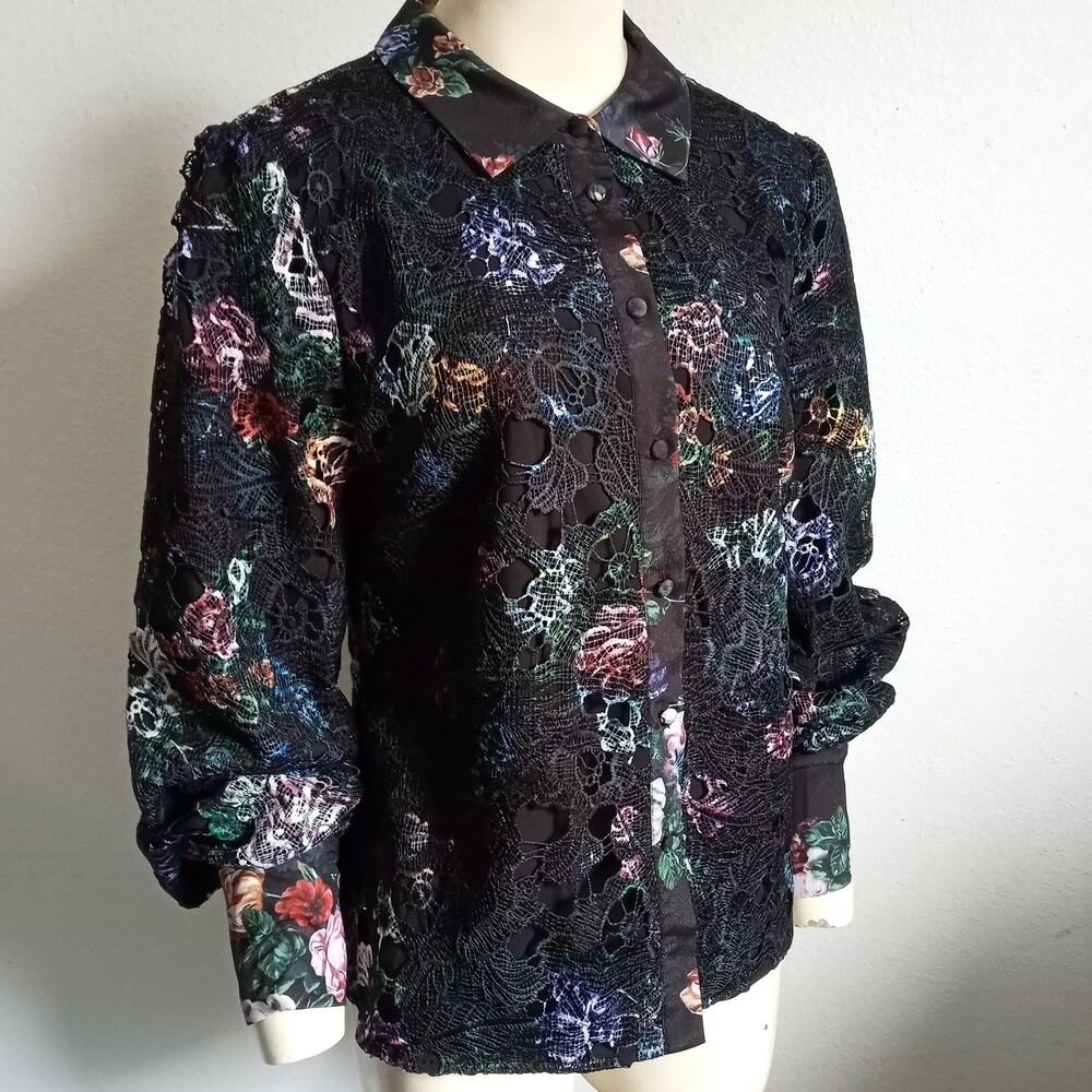 Marchesa Notte Lace Blouse Colorful Black Lined SZ S Fitted Button Collar Cuff